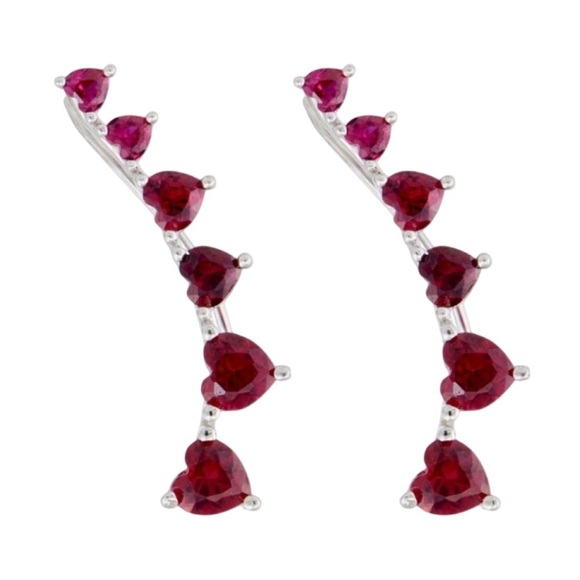 SAVVY CIE • Ruby Red & Pink Hearts Love Sterling Silver Ear Crawler Earrings - Picture 3 of 6